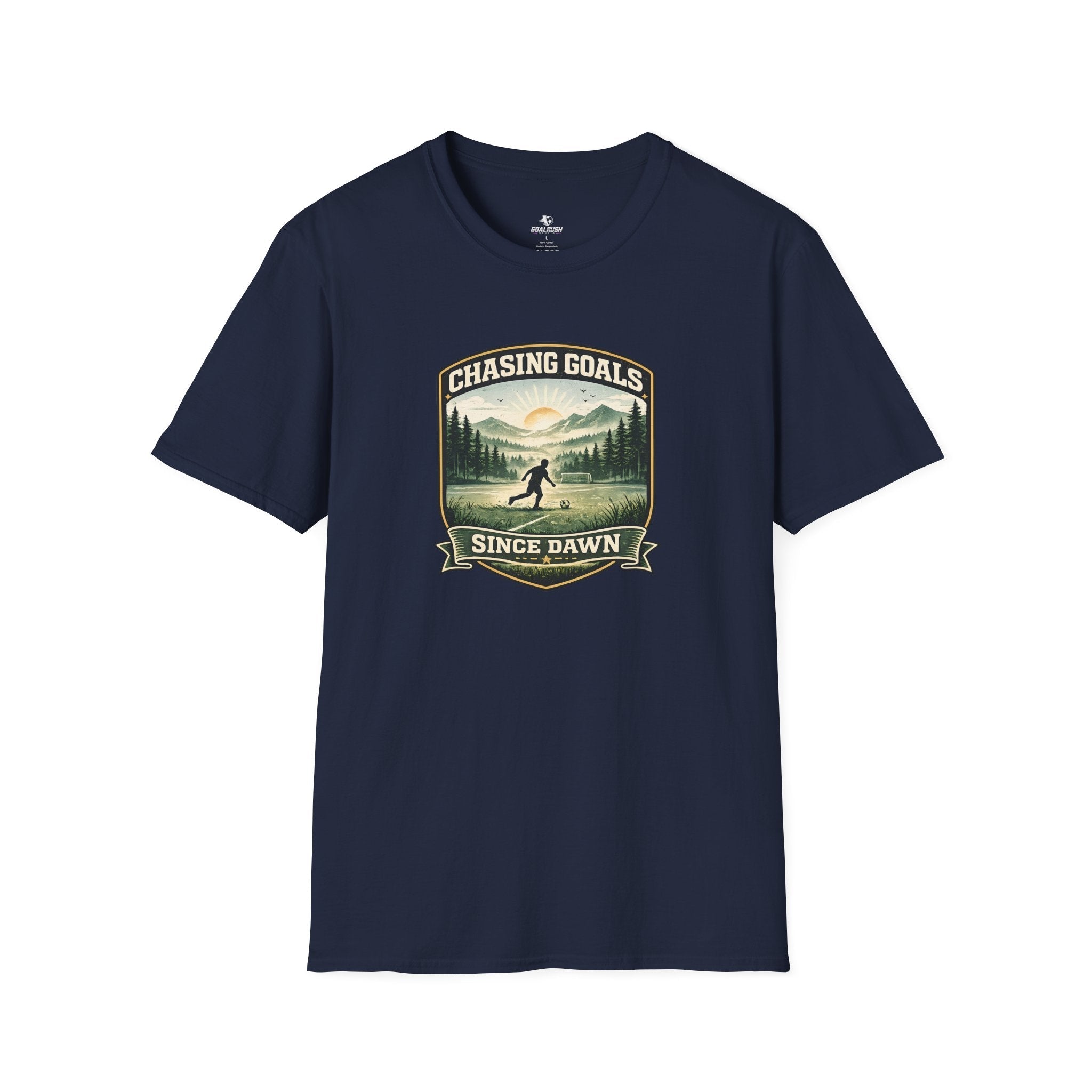 Nature Runner Graphic T-Shirt "Chasing Goals Since Dawn" - soccer fan t-shirt | GoalRush Studio