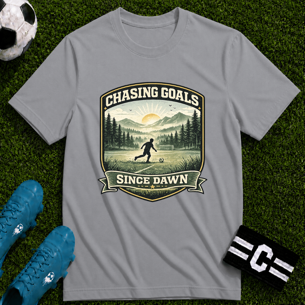 Nature Runner Graphic T-Shirt "Chasing Goals Since Dawn" - soccer fan t-shirt | GoalRush Studio