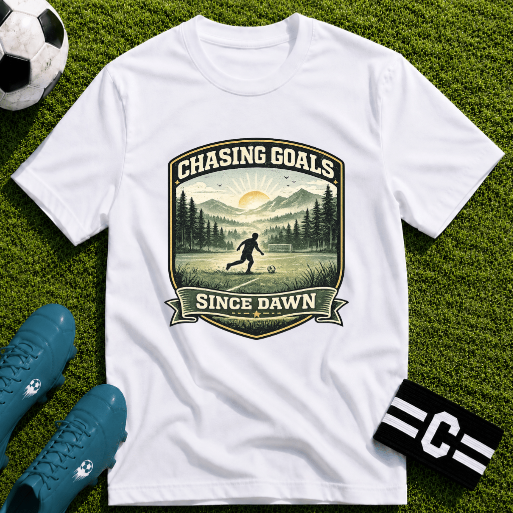 Nature Runner Graphic T-Shirt "Chasing Goals Since Dawn" - soccer fan t-shirt | GoalRush Studio