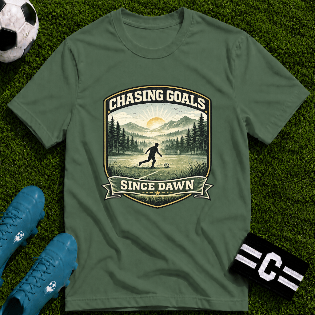 Nature Runner Graphic T-Shirt "Chasing Goals Since Dawn" - soccer fan t-shirt | GoalRush Studio