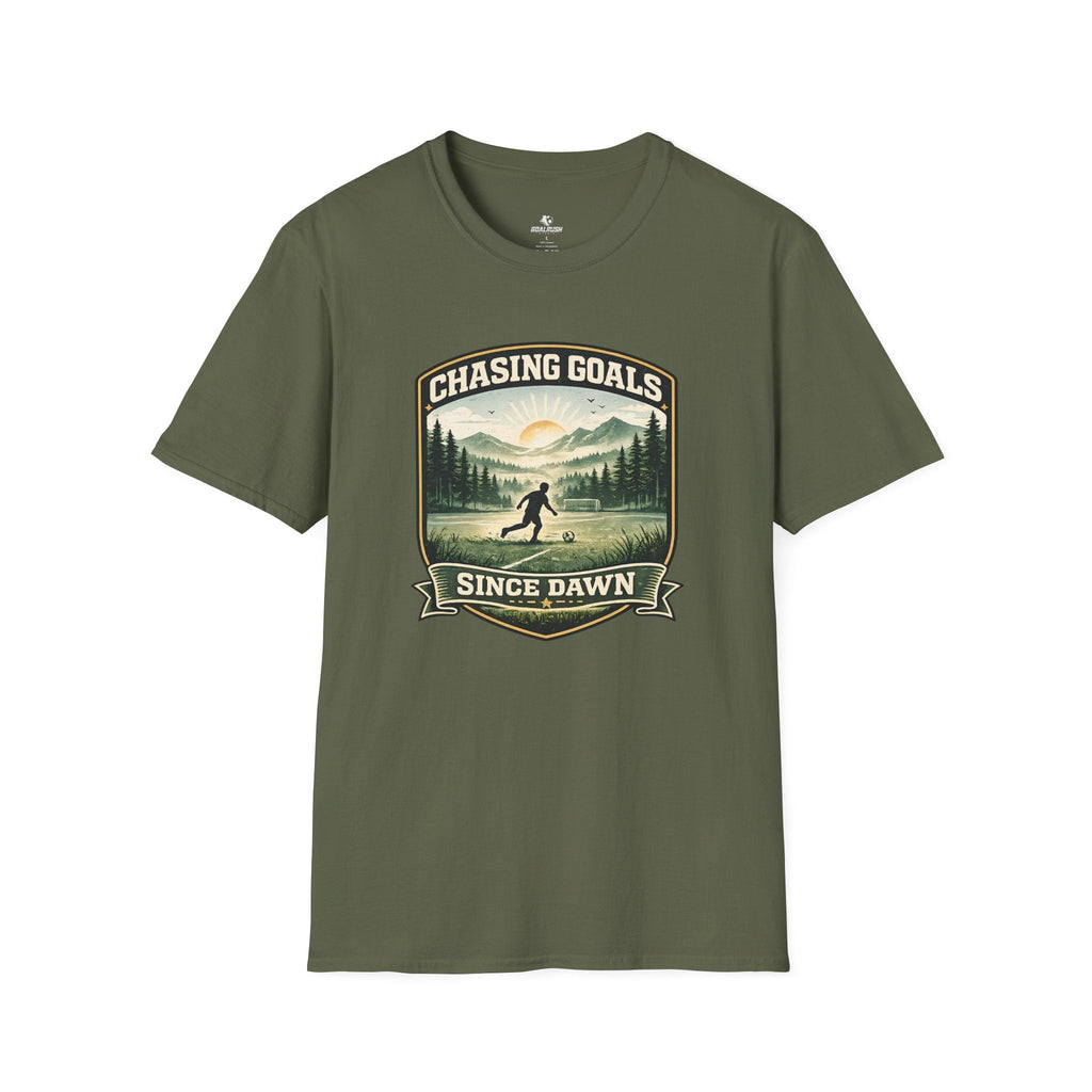 Nature Runner Graphic T-Shirt "Chasing Goals Since Dawn" - soccer fan t-shirt | GoalRush Studio
