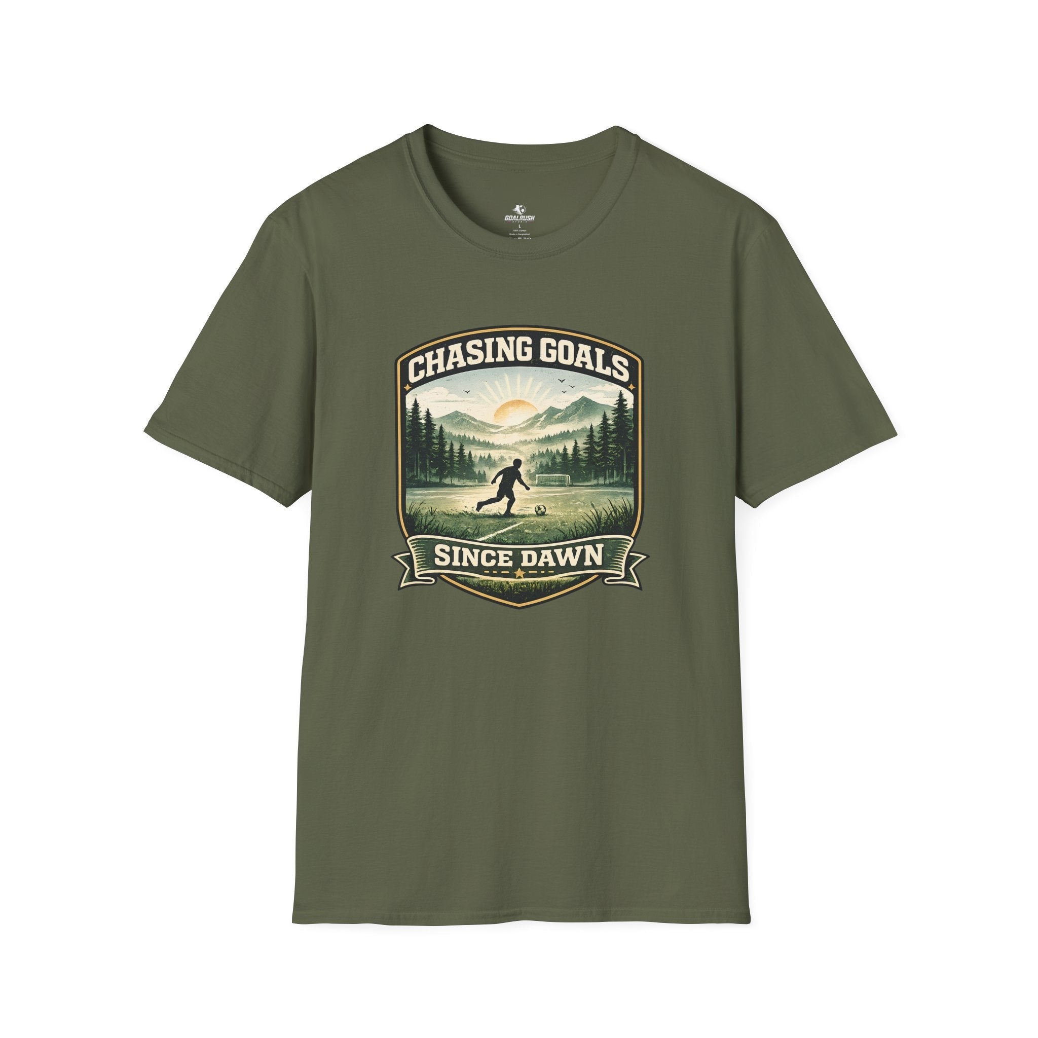 Nature Runner Graphic T-Shirt "Chasing Goals Since Dawn" - soccer fan t-shirt | GoalRush Studio