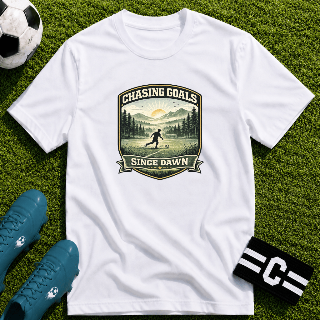 Nature Runner Graphic T-Shirt "Chasing Goals Since Dawn" - soccer fan t-shirt | GoalRush Studio