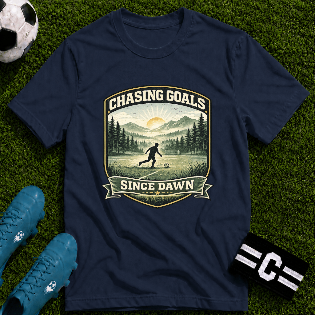 Nature Runner Graphic T-Shirt "Chasing Goals Since Dawn" - soccer fan t-shirt | GoalRush Studio