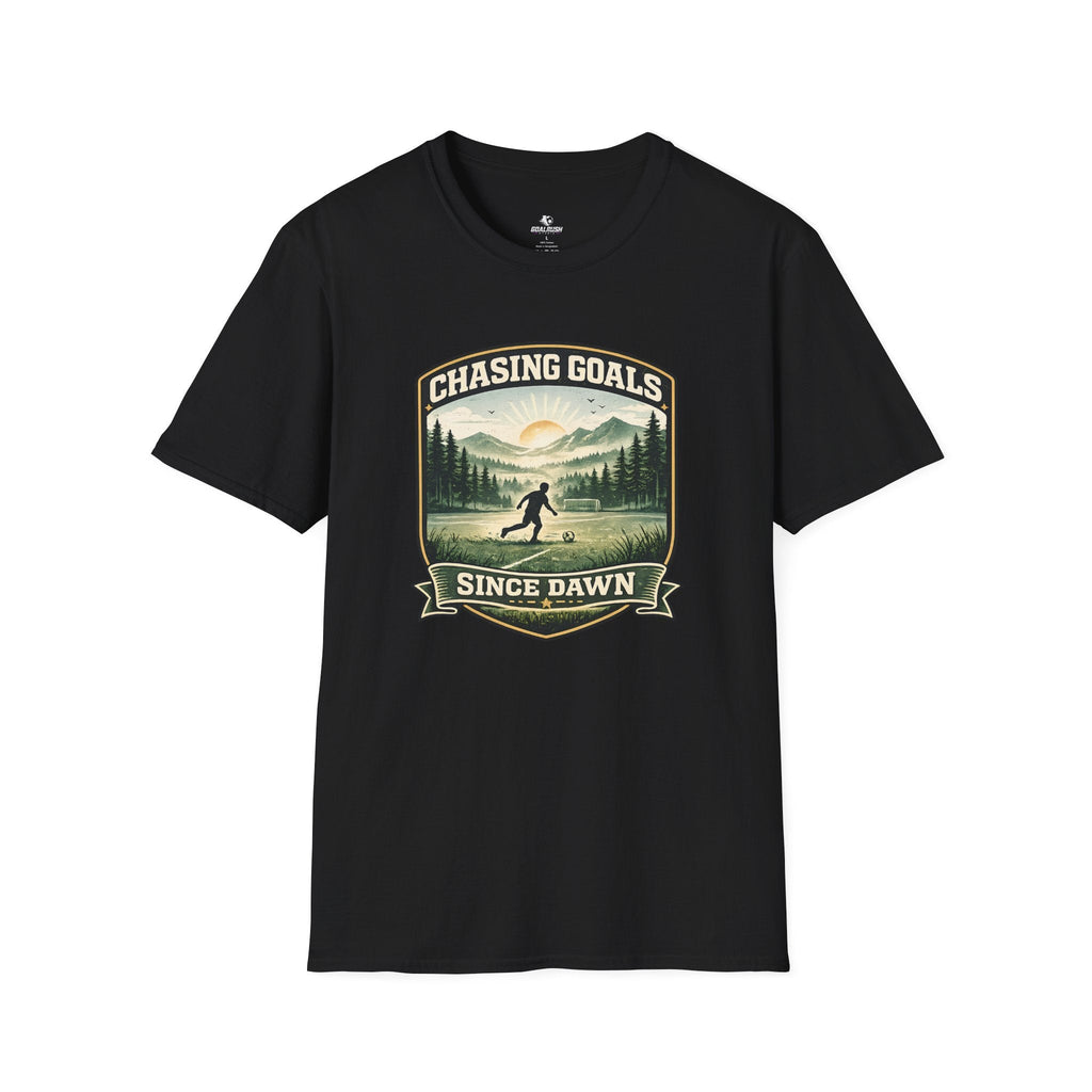 Nature Runner Graphic T-Shirt "Chasing Goals Since Dawn" - soccer fan t-shirt | GoalRush Studio