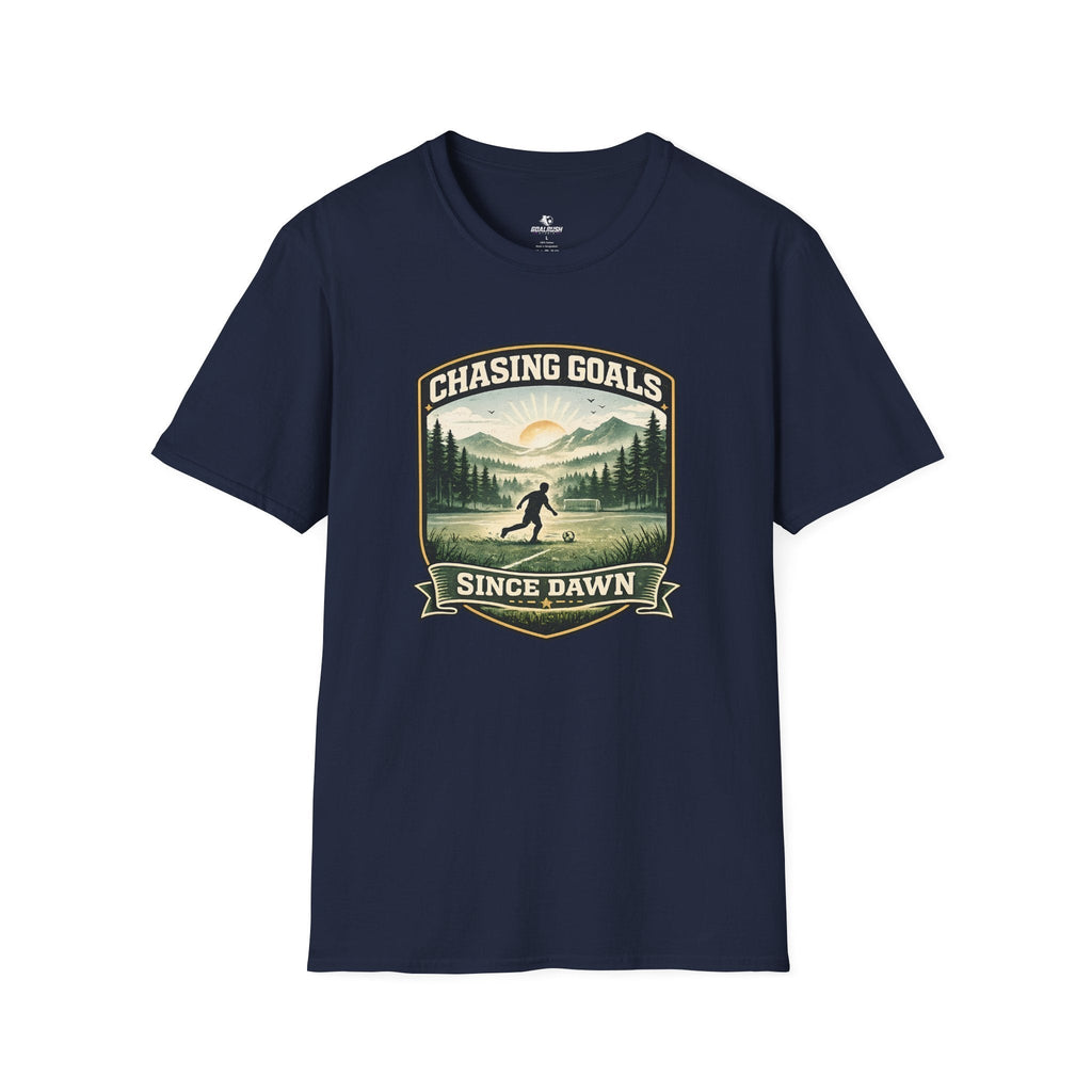 Nature Runner Graphic T-Shirt "Chasing Goals Since Dawn" - soccer fan t-shirt | GoalRush Studio