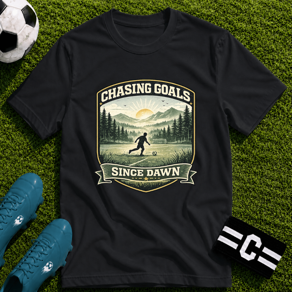 Nature Runner Graphic T-Shirt "Chasing Goals Since Dawn" - soccer fan t-shirt | GoalRush Studio