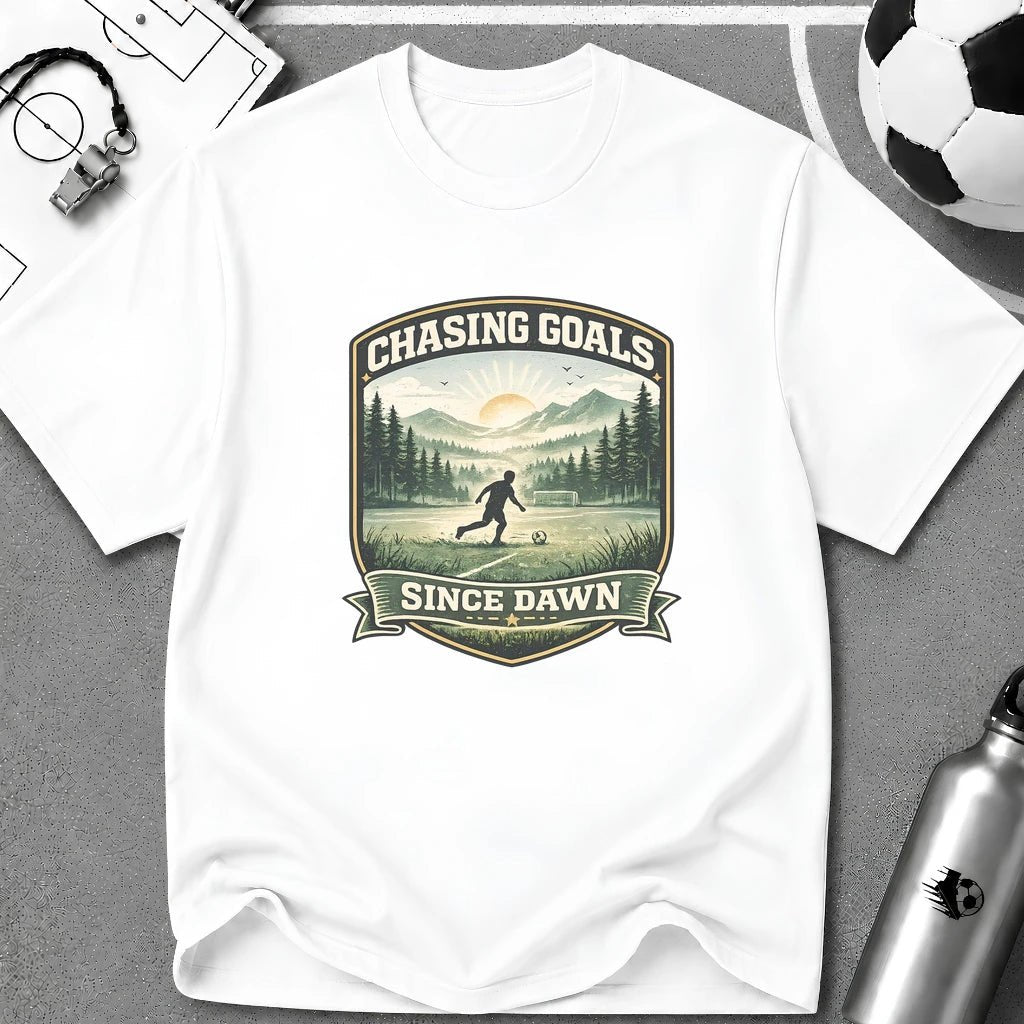 Nature Runner Graphic T-Shirt "Chasing Goals Since Dawn" - soccer fan t-shirt | GoalRush Studio