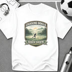 Nature Runner Graphic T-Shirt "Chasing Goals Since Dawn" - soccer fan t-shirt | GoalRush Studio