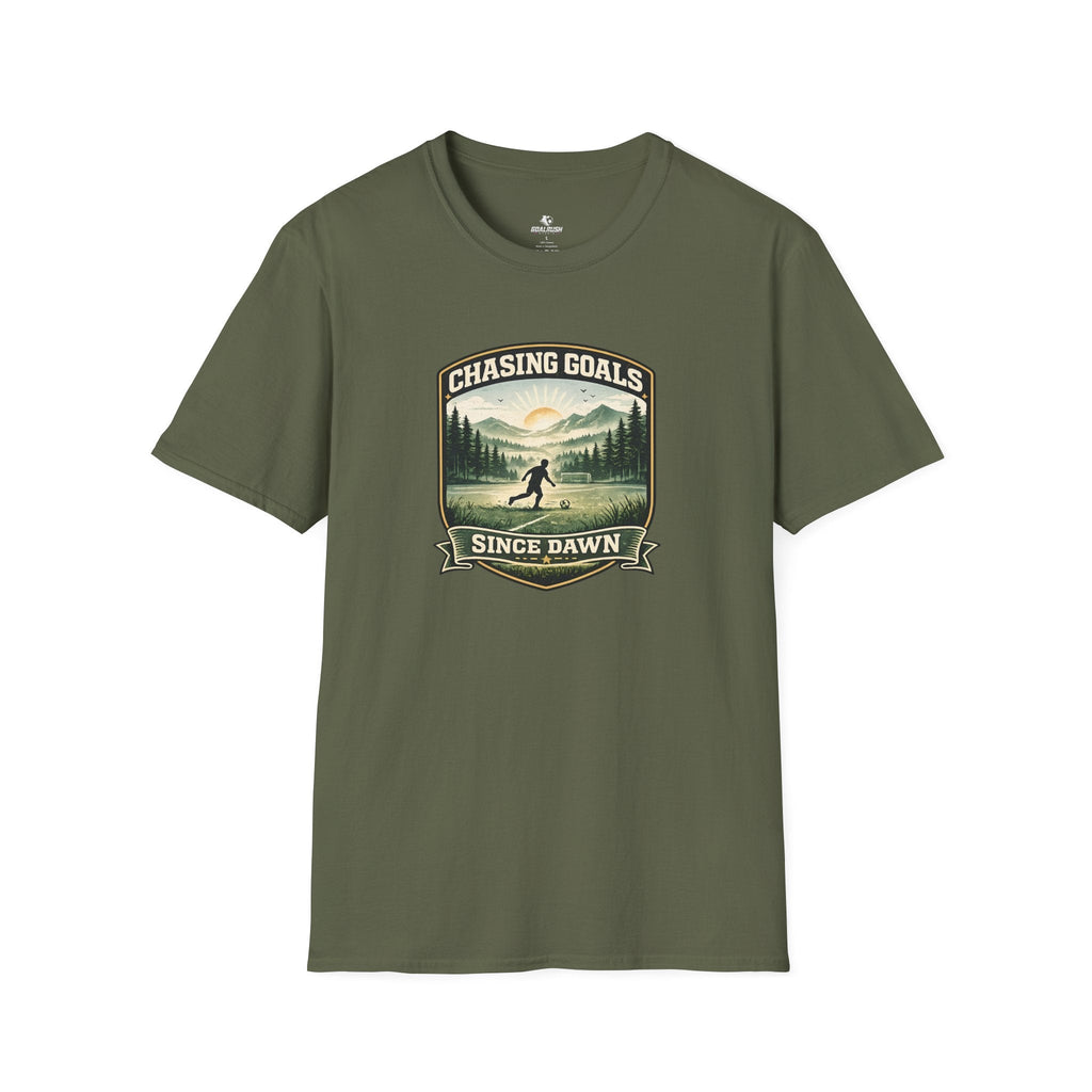 Nature Runner Graphic T-Shirt "Chasing Goals Since Dawn" - soccer fan t-shirt | GoalRush Studio