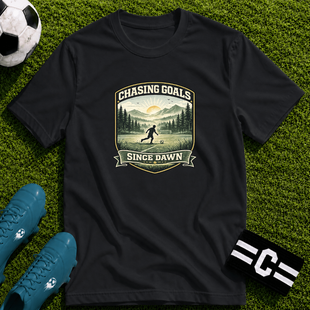 Nature Runner Graphic T-Shirt "Chasing Goals Since Dawn" - soccer fan t-shirt | GoalRush Studio