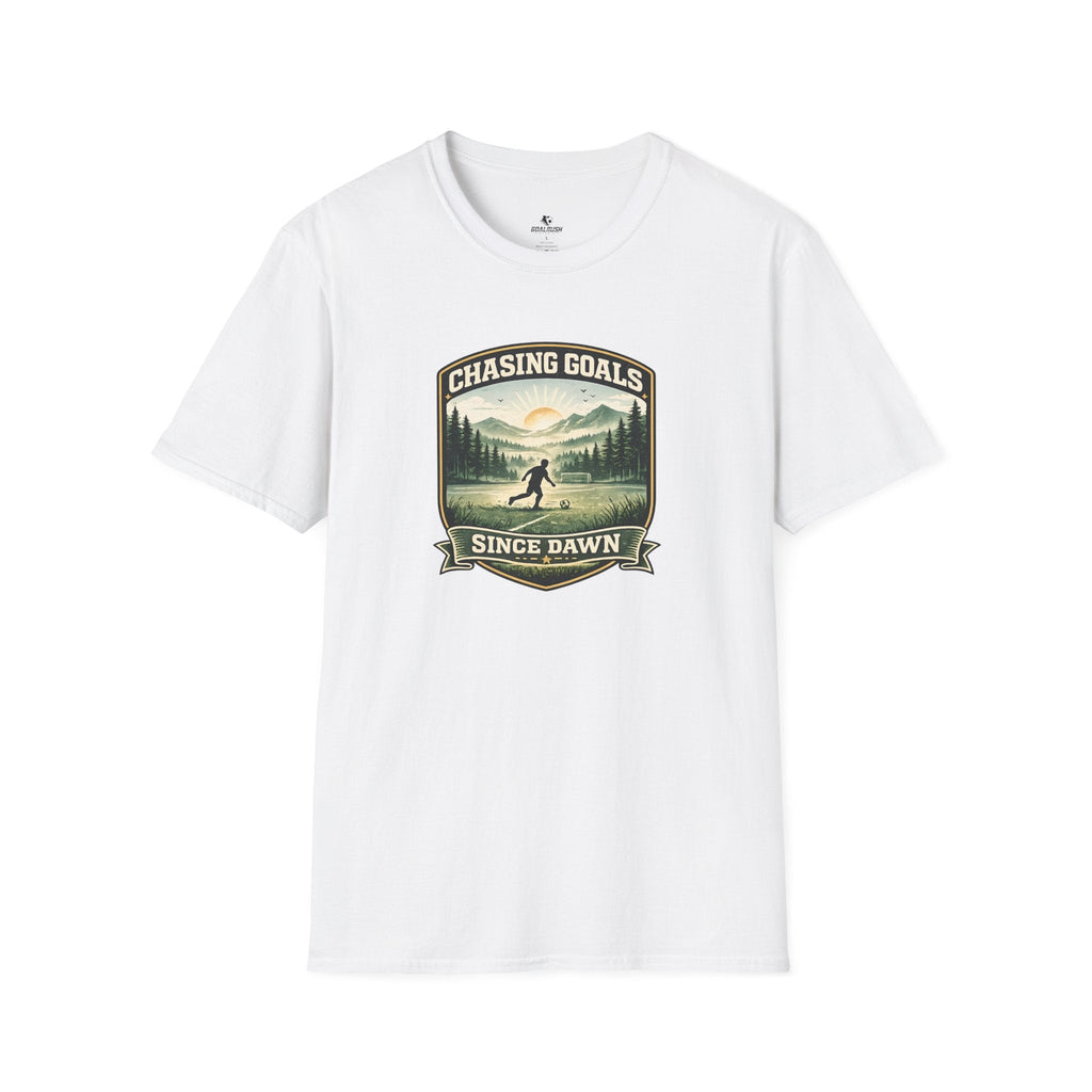 Nature Runner Graphic T-Shirt "Chasing Goals Since Dawn" - soccer fan t-shirt | GoalRush Studio