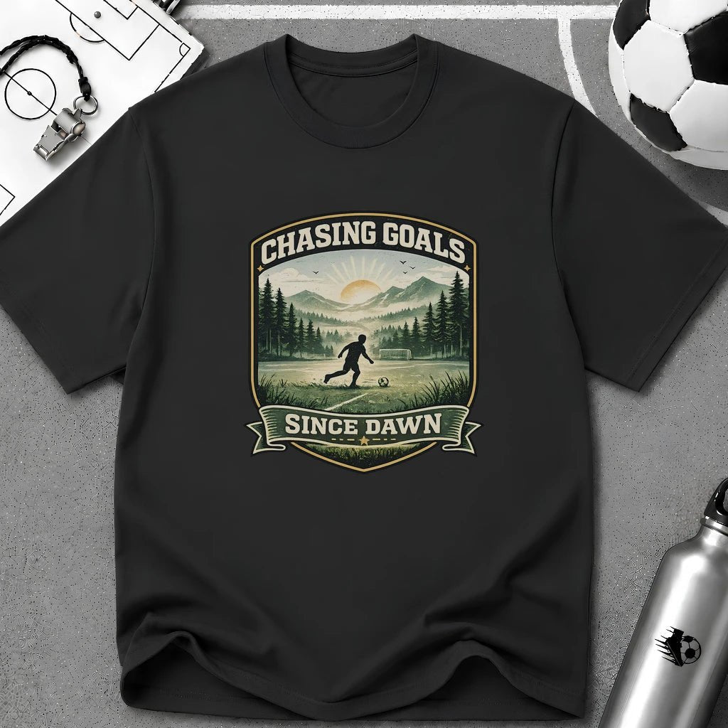 Nature Runner Graphic T-Shirt "Chasing Goals Since Dawn" - soccer fan t-shirt | GoalRush Studio
