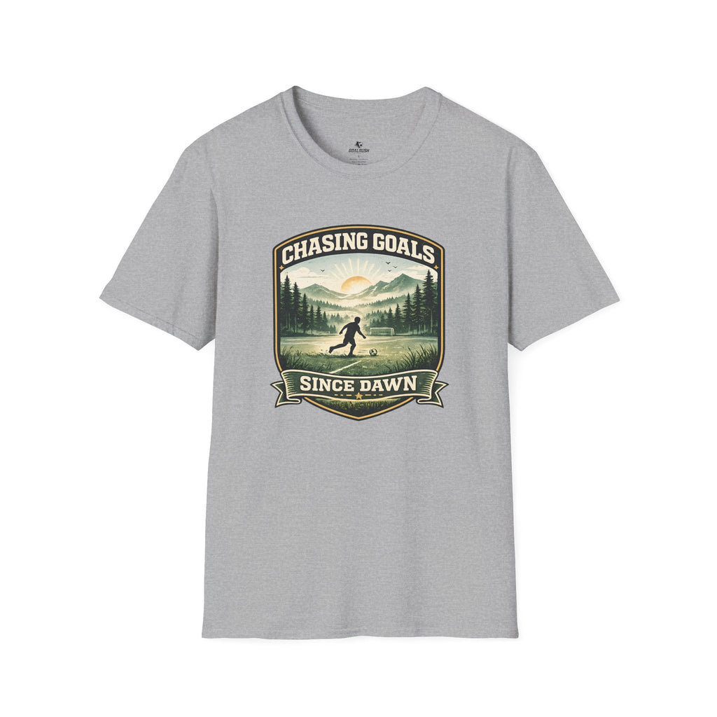 Nature Runner Graphic T-Shirt "Chasing Goals Since Dawn" - soccer fan t-shirt | GoalRush Studio