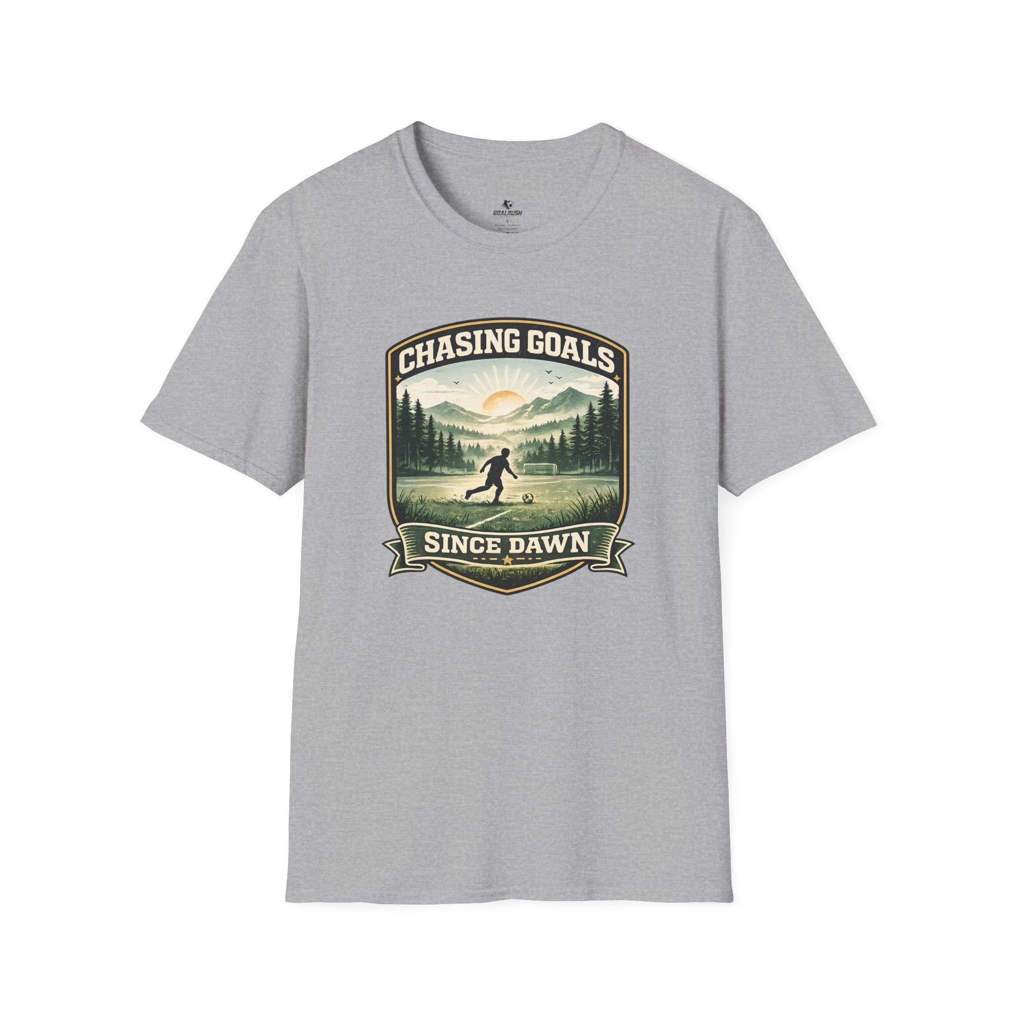 Nature Runner Graphic T-Shirt "Chasing Goals Since Dawn" - soccer fan t-shirt | GoalRush Studio