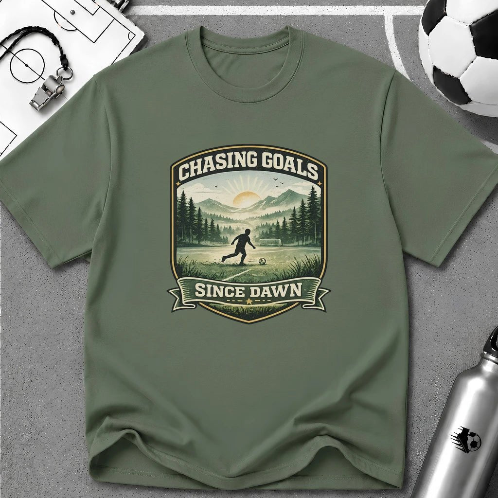 Nature Runner Graphic T-Shirt "Chasing Goals Since Dawn" - soccer fan t-shirt | GoalRush Studio