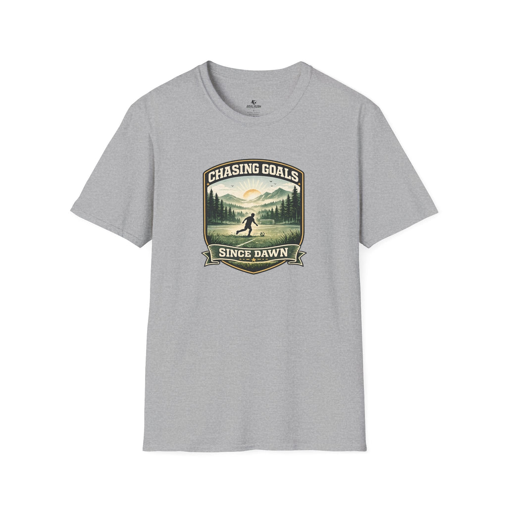 Nature Runner Graphic T-Shirt "Chasing Goals Since Dawn" - soccer fan t-shirt | GoalRush Studio