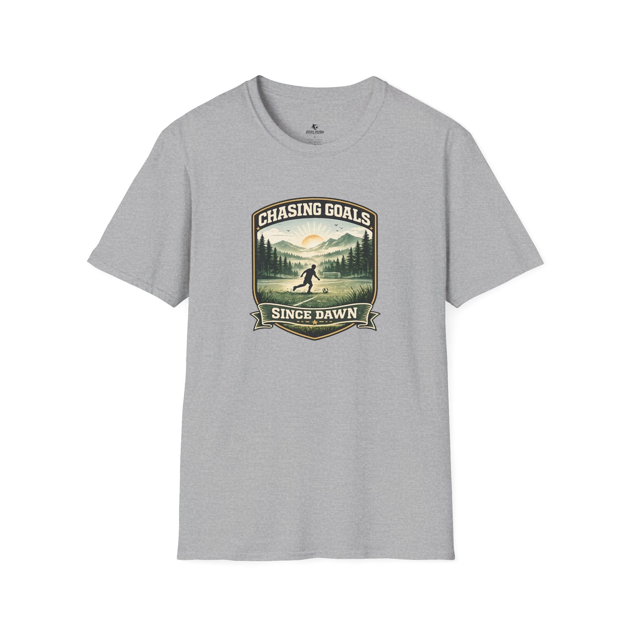 Nature Runner Graphic T-Shirt "Chasing Goals Since Dawn" - soccer fan t-shirt | GoalRush Studio