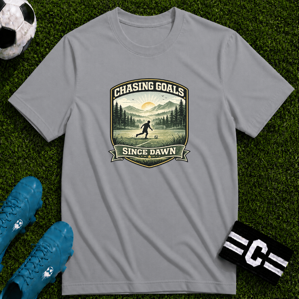 Nature Runner Graphic T-Shirt "Chasing Goals Since Dawn" - soccer fan t-shirt | GoalRush Studio