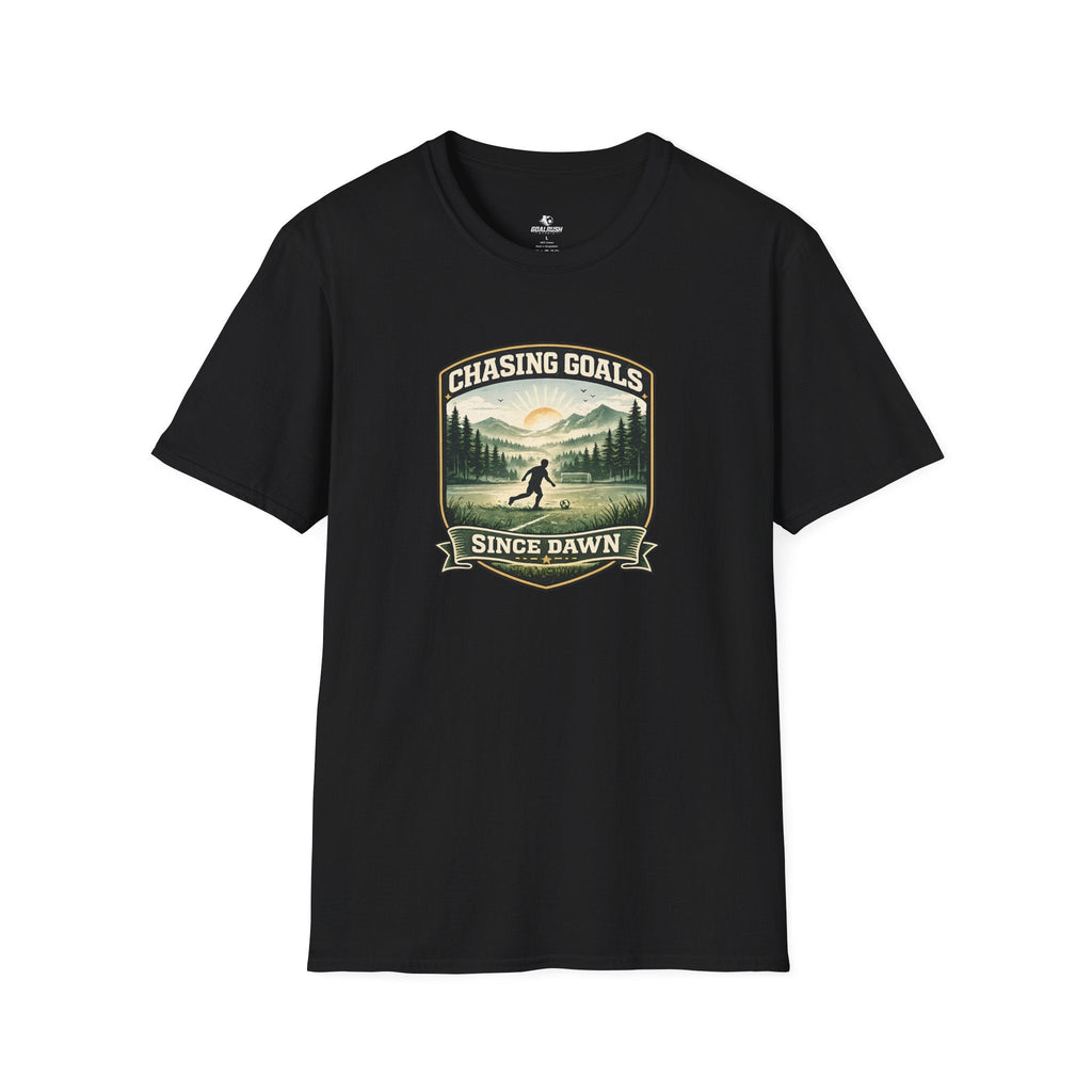 Nature Runner Graphic T-Shirt "Chasing Goals Since Dawn" - soccer fan t-shirt | GoalRush Studio