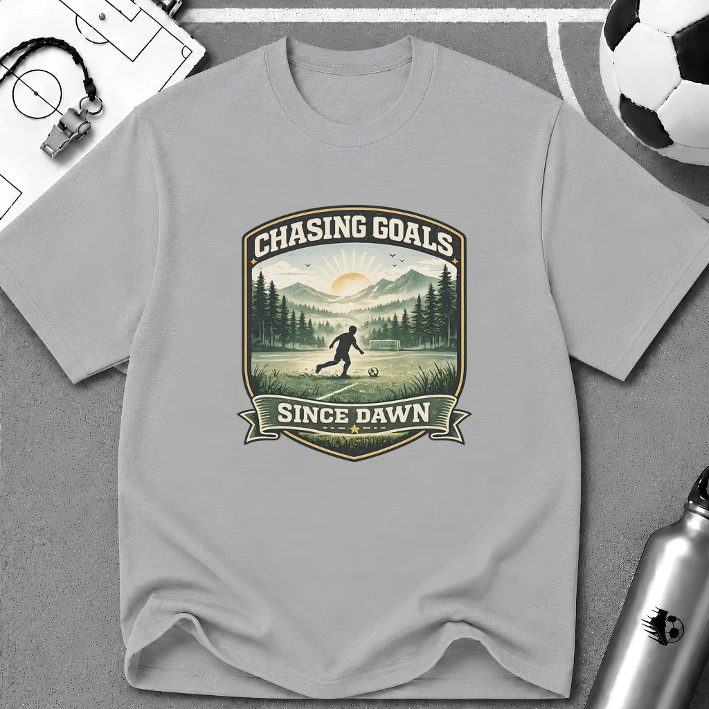 Nature Runner Graphic T-Shirt "Chasing Goals Since Dawn" - soccer fan t-shirt | GoalRush Studio