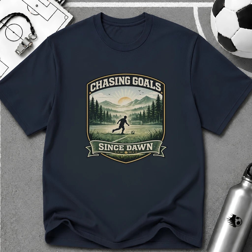 Nature Runner Graphic T-Shirt "Chasing Goals Since Dawn" - soccer fan t-shirt | GoalRush Studio