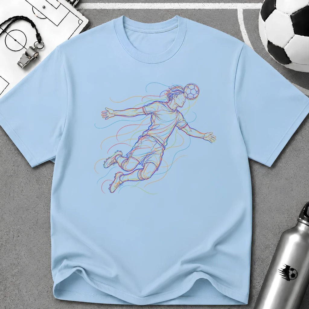 Overhead Header. Rise Multi-Line Colour Art T-Shirt - soccer fan t-shirt | GoalRush Studio