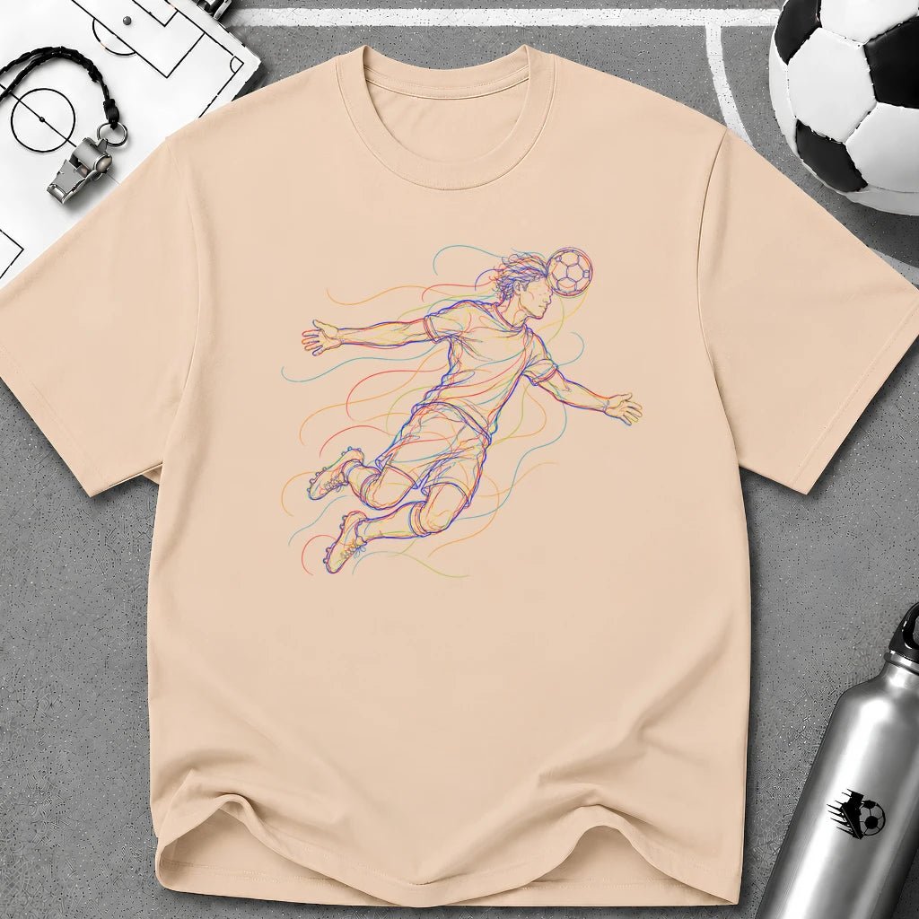 Overhead Header. Rise Multi-Line Colour Art T-Shirt - soccer fan t-shirt | GoalRush Studio