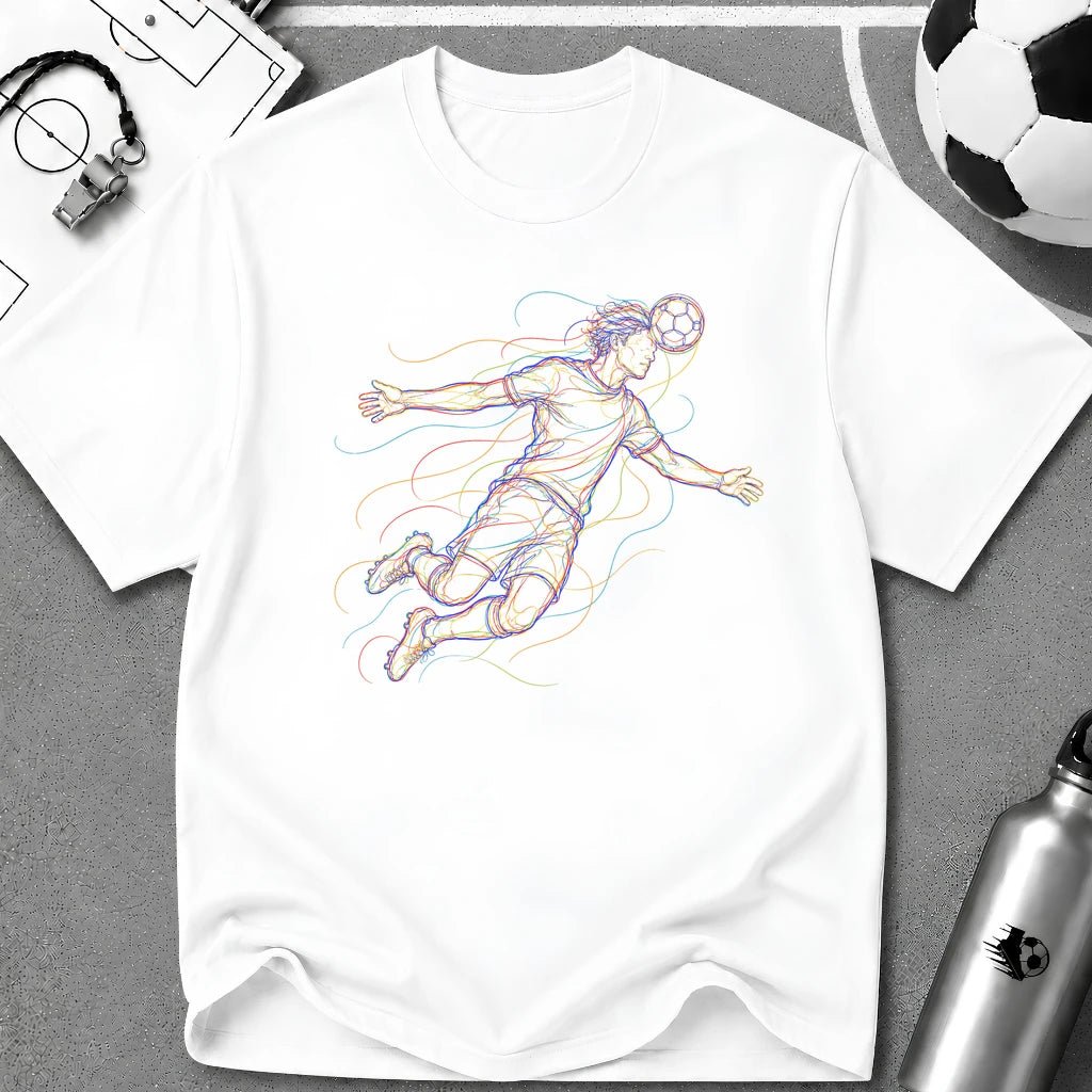 Overhead Header. Rise Multi-Line Colour Art T-Shirt - soccer fan t-shirt | GoalRush Studio
