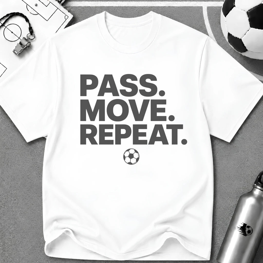 Pass Move Repeat Typography T-Shirt - soccer fan t-shirt | GoalRush Studio
