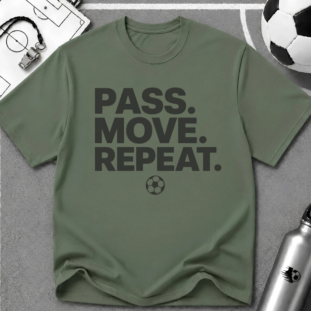 Pass Move Repeat Typography T-Shirt - soccer fan t-shirt | GoalRush Studio