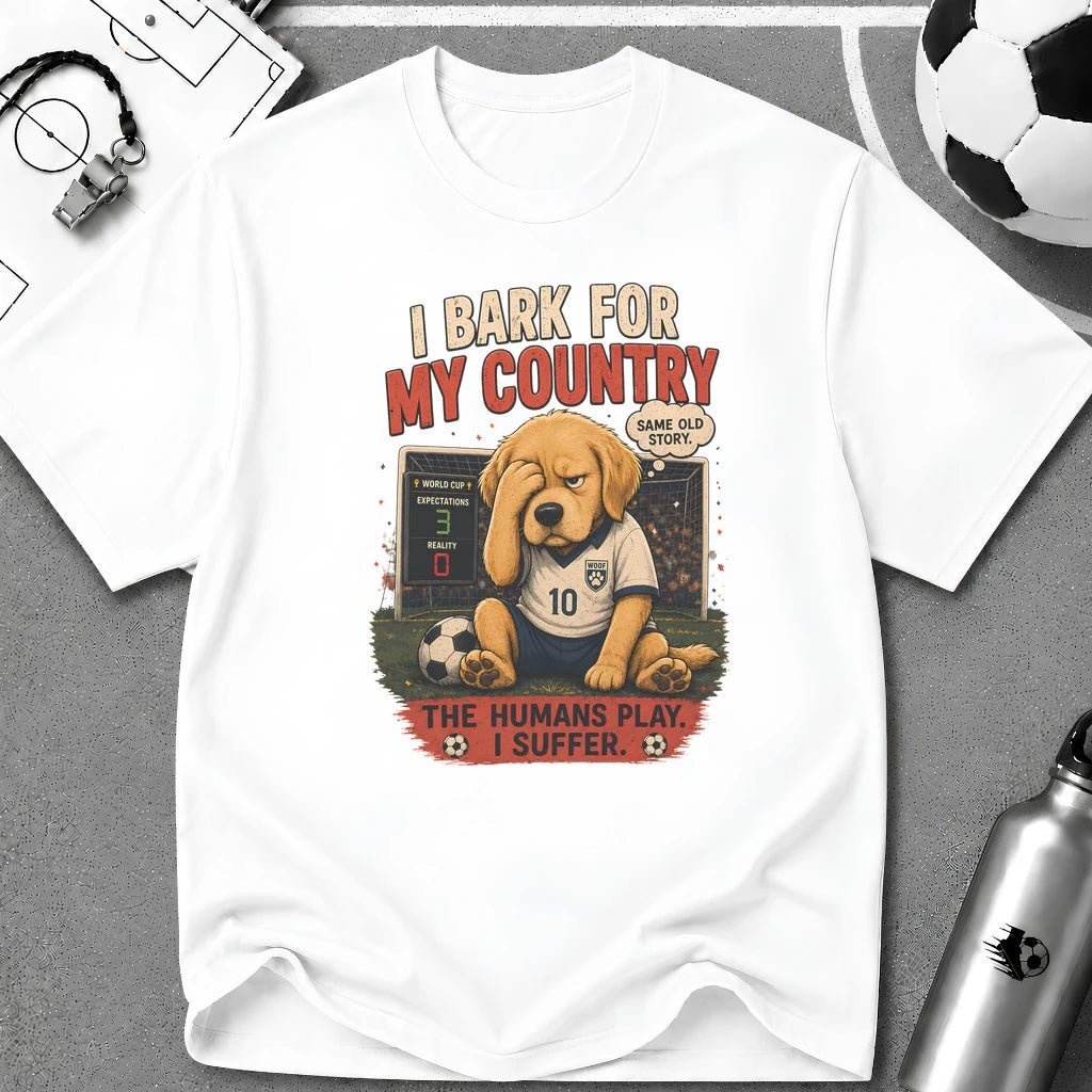Patriotic Cute Puppy "I Bark For My Country" T-Shirt - soccer fan t-shirt | GoalRush Studio