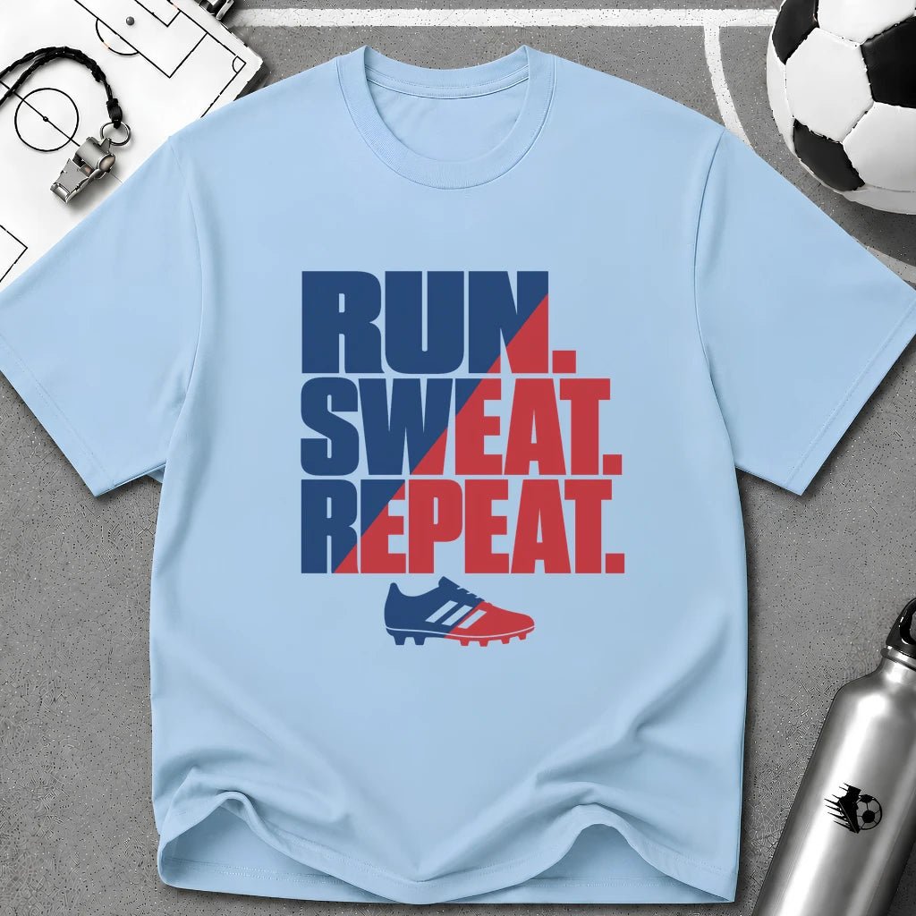 Run. Sweat. Repeat. Typography T-Shirt - soccer fan t-shirt | GoalRush Studio