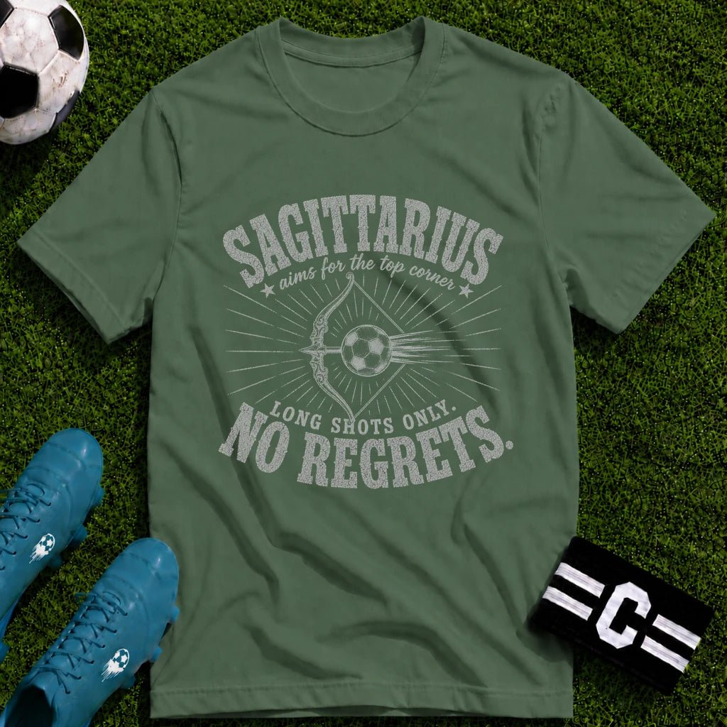 SAGITARIUS - Long Shots Only, No Regrets T-Shirt - soccer fan t-shirt | GoalRush Studio