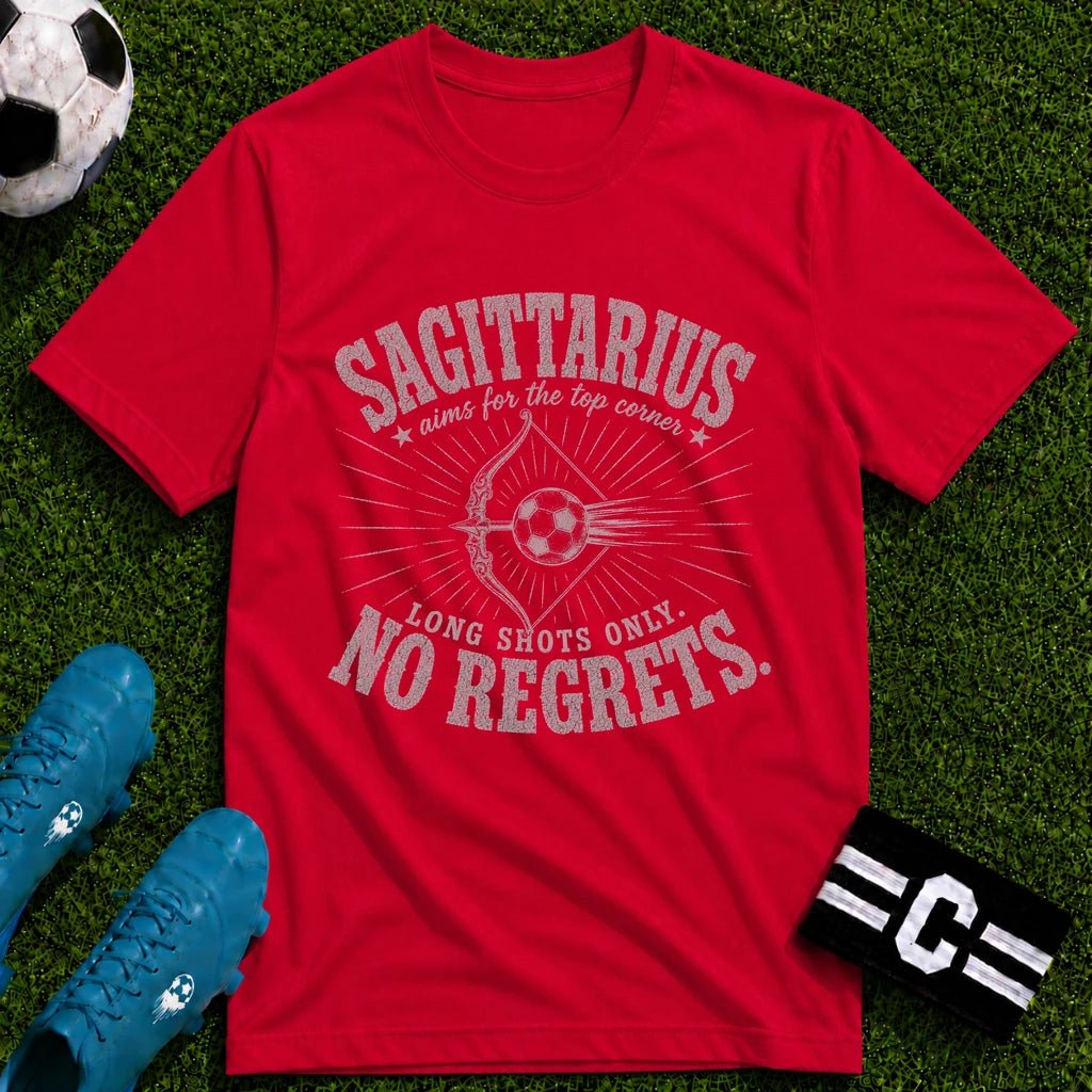 SAGITARIUS - Long Shots Only, No Regrets T-Shirt - soccer fan t-shirt | GoalRush Studio