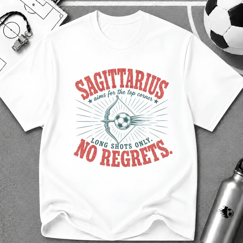 SAGITARIUS - Long Shots Only, No Regrets T-Shirt - soccer fan t-shirt | GoalRush Studio