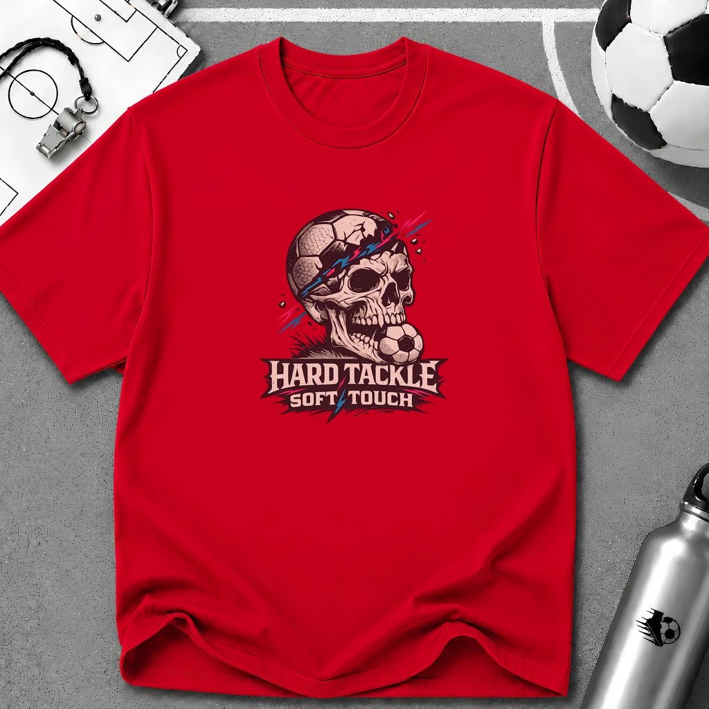 Skull Soccer T-Shirt "Hard Tackle, Soft Touch" - soccer fan t-shirt | GoalRush Studio