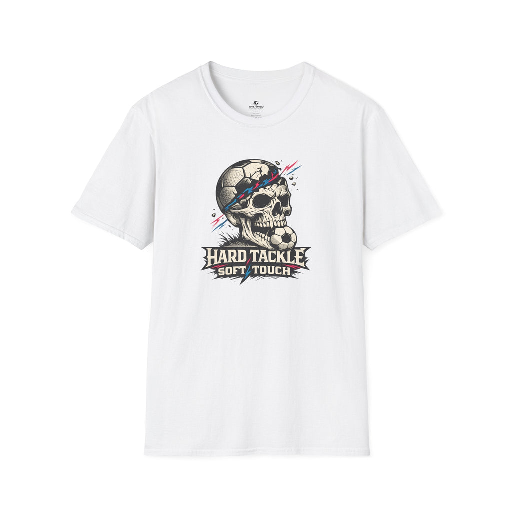 Skull Soccer T-Shirt "Hard Tackle, Soft Touch" - soccer fan t-shirt | GoalRush Studio