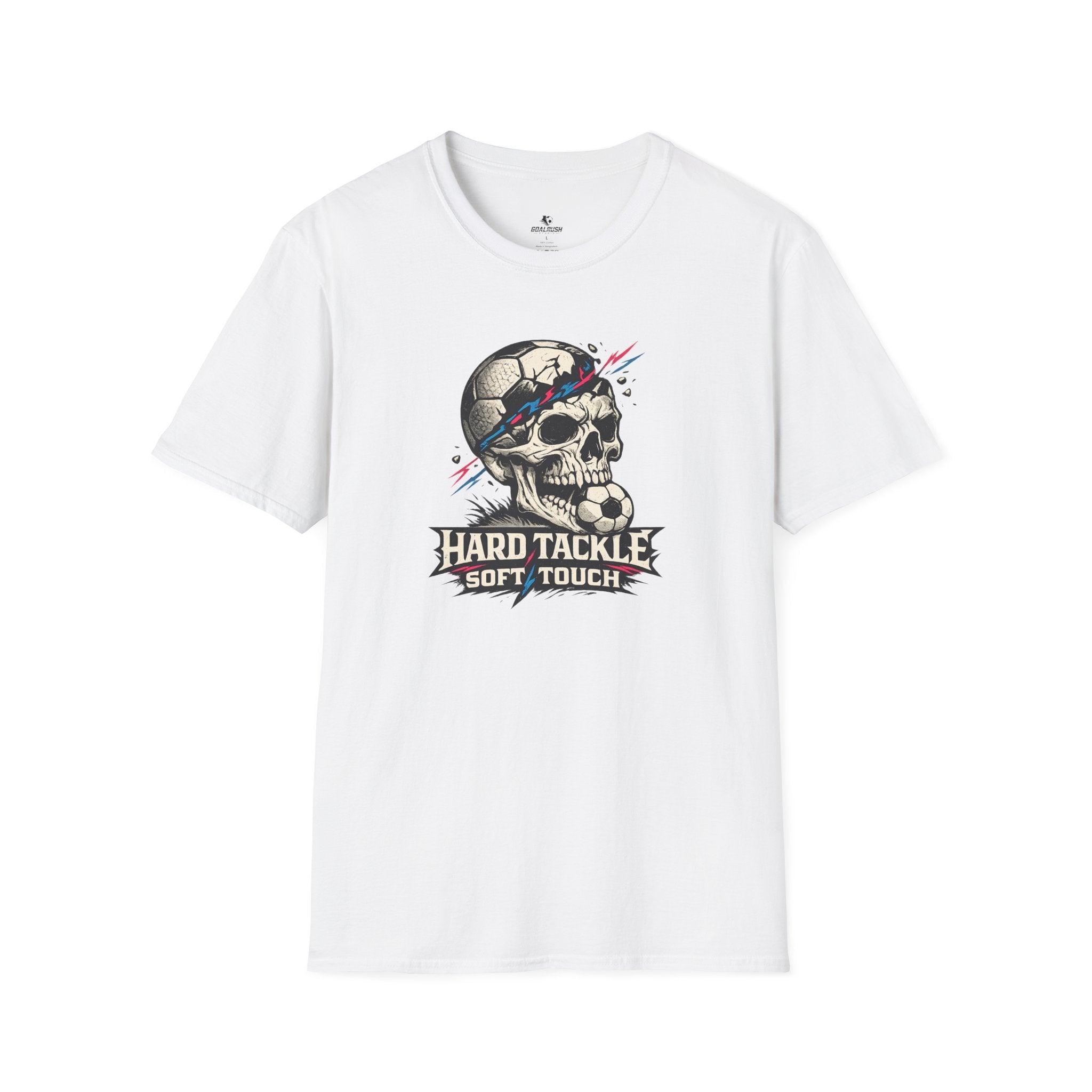 Skull Soccer T-Shirt "Hard Tackle, Soft Touch" - soccer fan t-shirt | GoalRush Studio