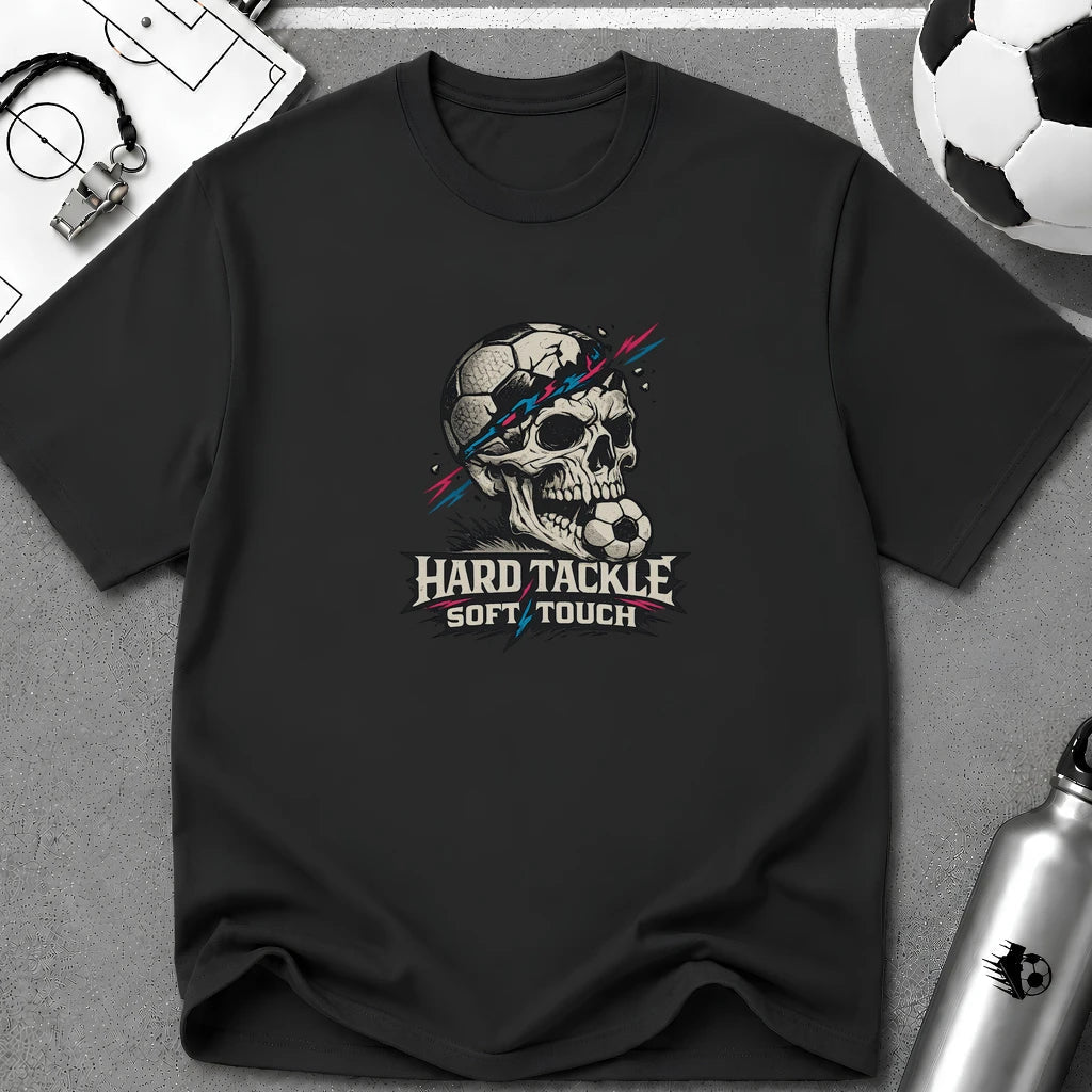Skull Soccer T-Shirt "Hard Tackle, Soft Touch" - soccer fan t-shirt | GoalRush Studio