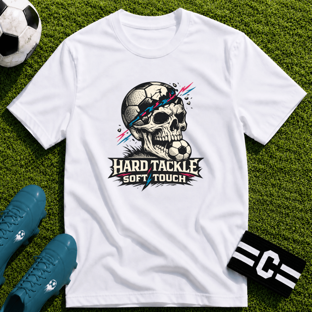 Skull Soccer T-Shirt "Hard Tackle, Soft Touch" - soccer fan t-shirt | GoalRush Studio