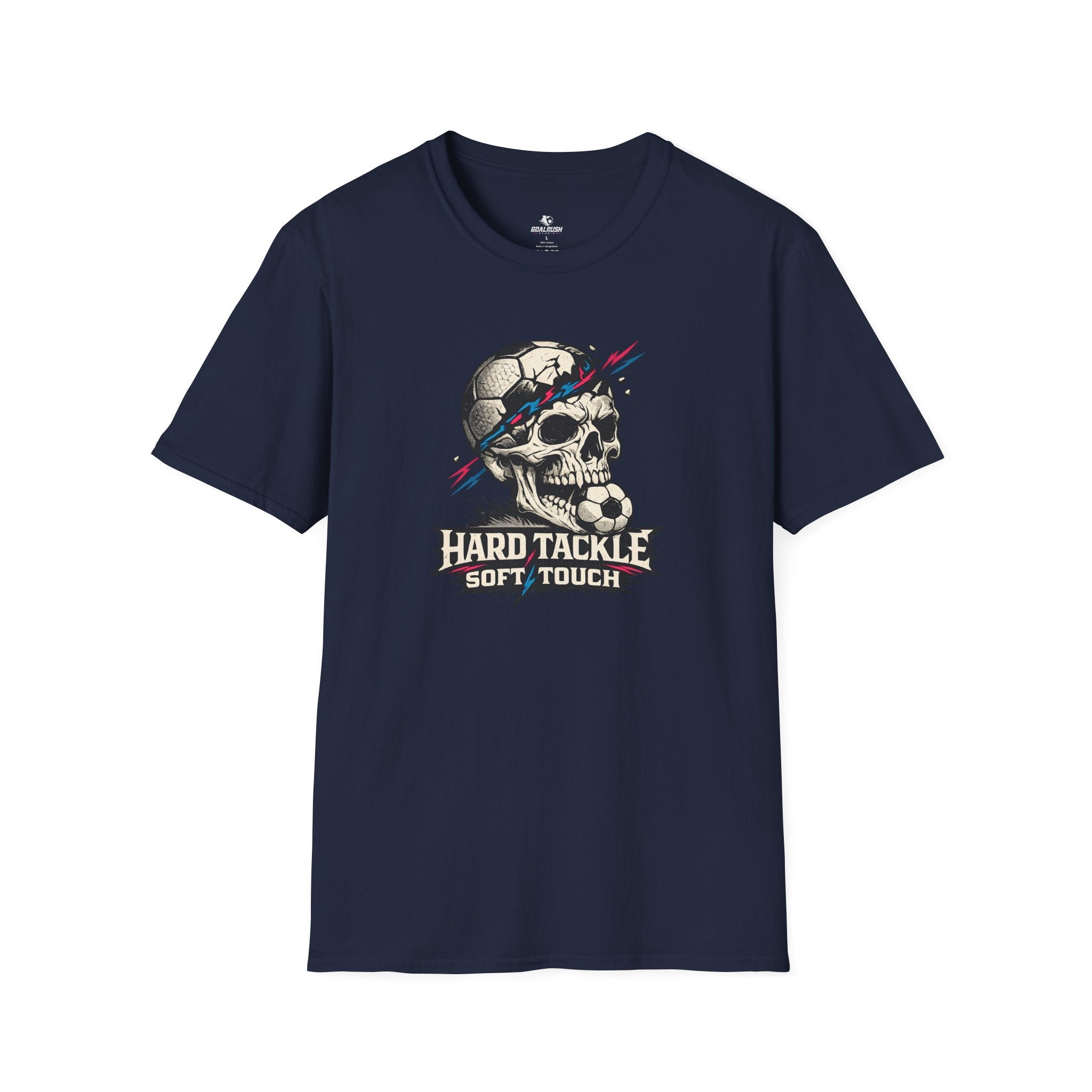 Skull Soccer T-Shirt "Hard Tackle, Soft Touch" - soccer fan t-shirt | GoalRush Studio