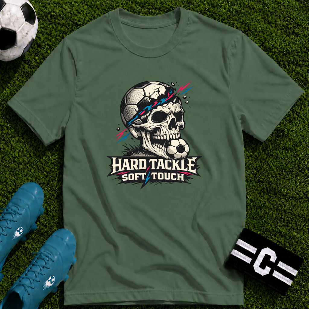 Skull Soccer T-Shirt "Hard Tackle, Soft Touch" - soccer fan t-shirt | GoalRush Studio