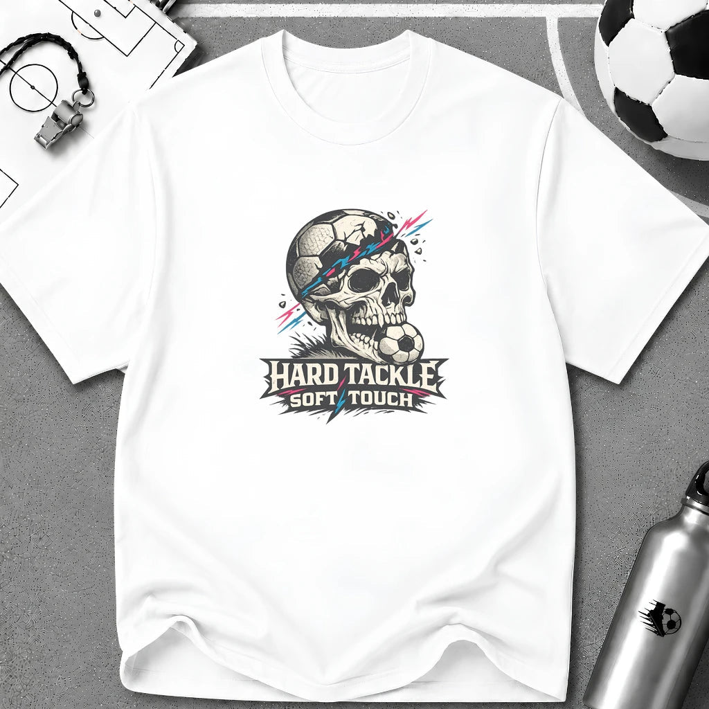 Skull Soccer T-Shirt "Hard Tackle, Soft Touch" - soccer fan t-shirt | GoalRush Studio