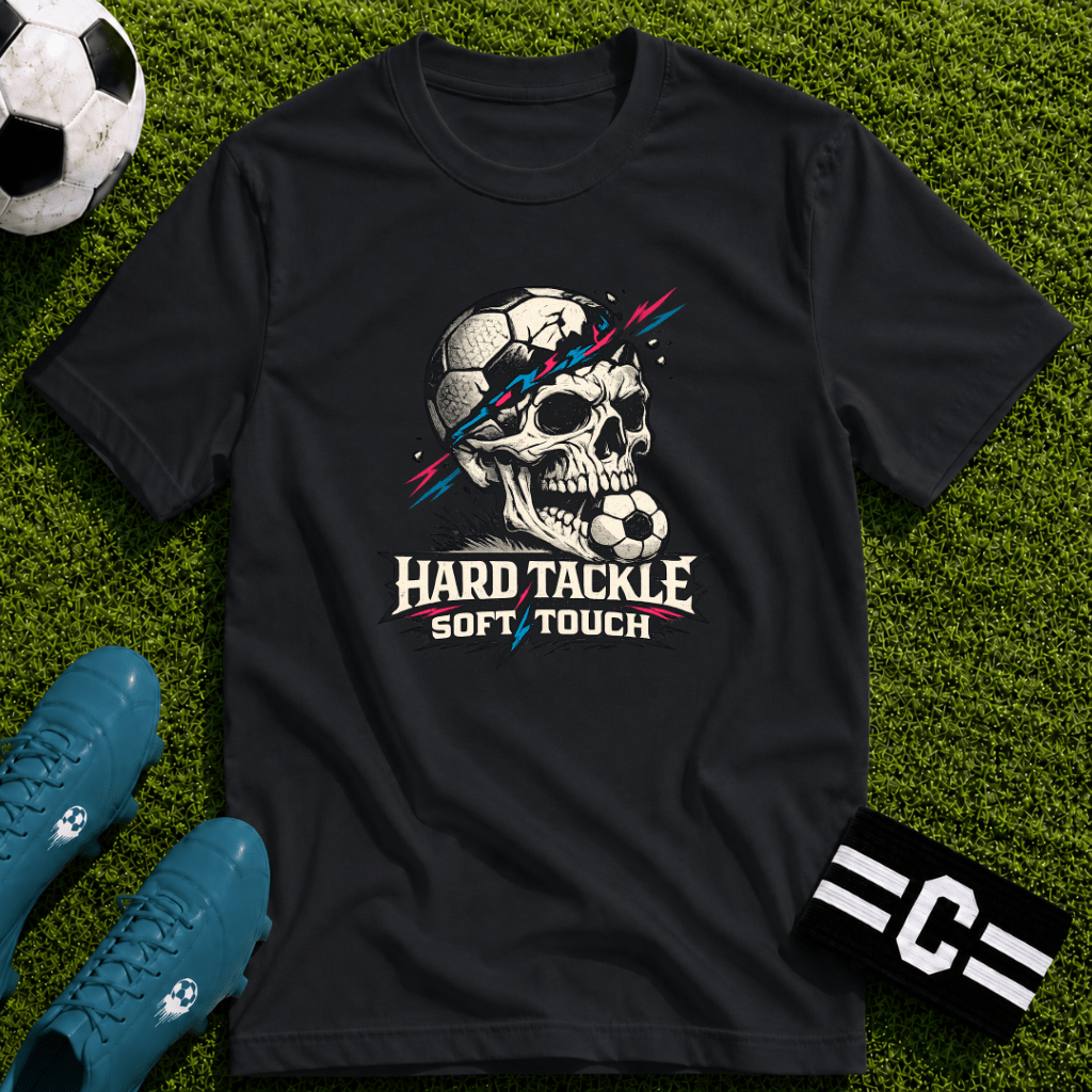 Skull Soccer T-Shirt "Hard Tackle, Soft Touch" - soccer fan t-shirt | GoalRush Studio