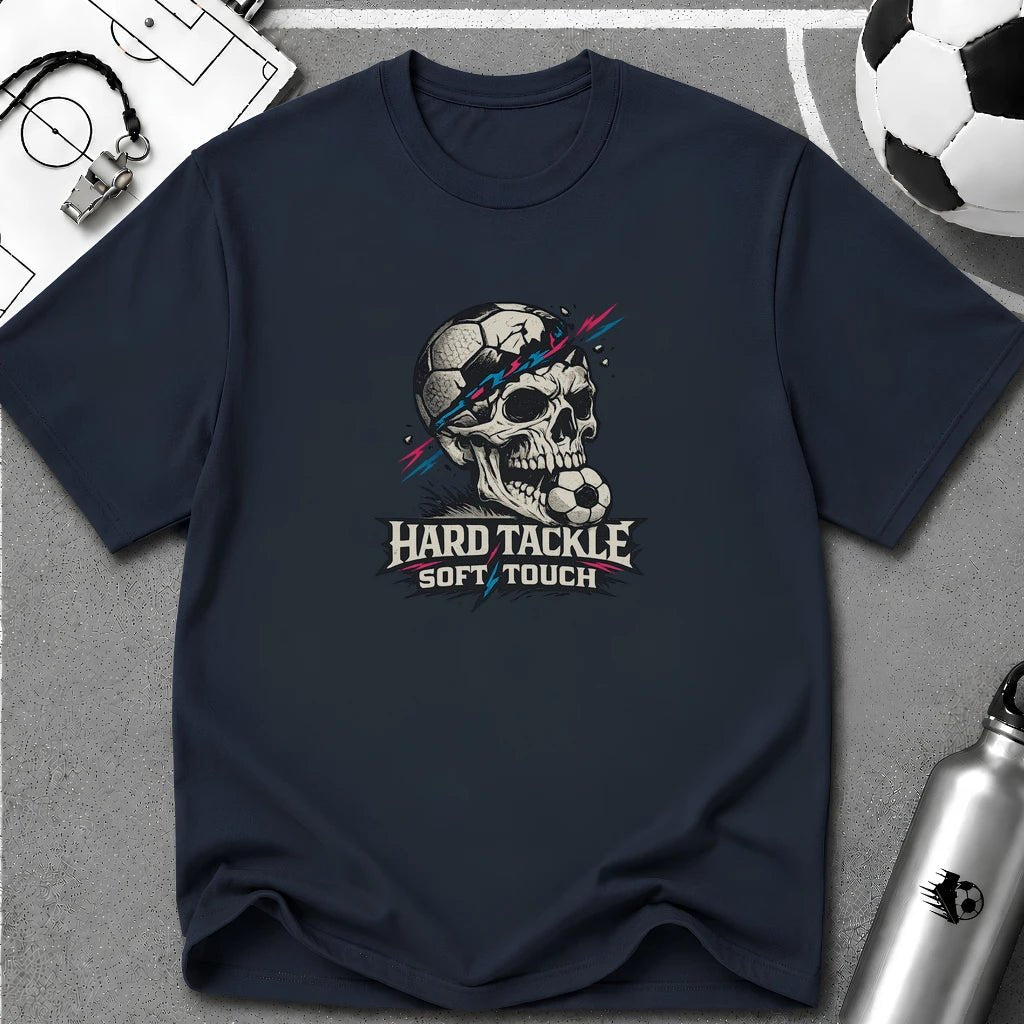 Skull Soccer T-Shirt "Hard Tackle, Soft Touch" - soccer fan t-shirt | GoalRush Studio