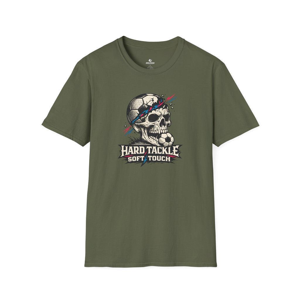 Skull Soccer T-Shirt "Hard Tackle, Soft Touch" - soccer fan t-shirt | GoalRush Studio