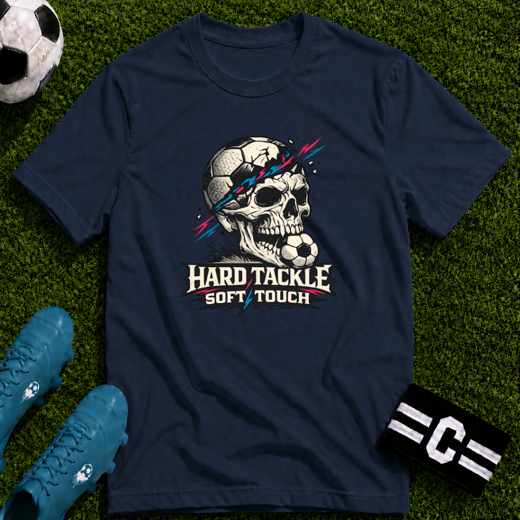 Skull Soccer T-Shirt "Hard Tackle, Soft Touch" - soccer fan t-shirt | GoalRush Studio