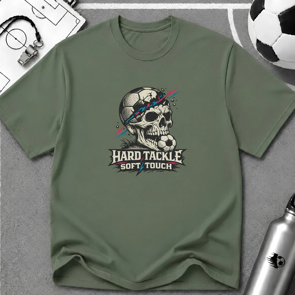 Skull Soccer T-Shirt "Hard Tackle, Soft Touch" - soccer fan t-shirt | GoalRush Studio