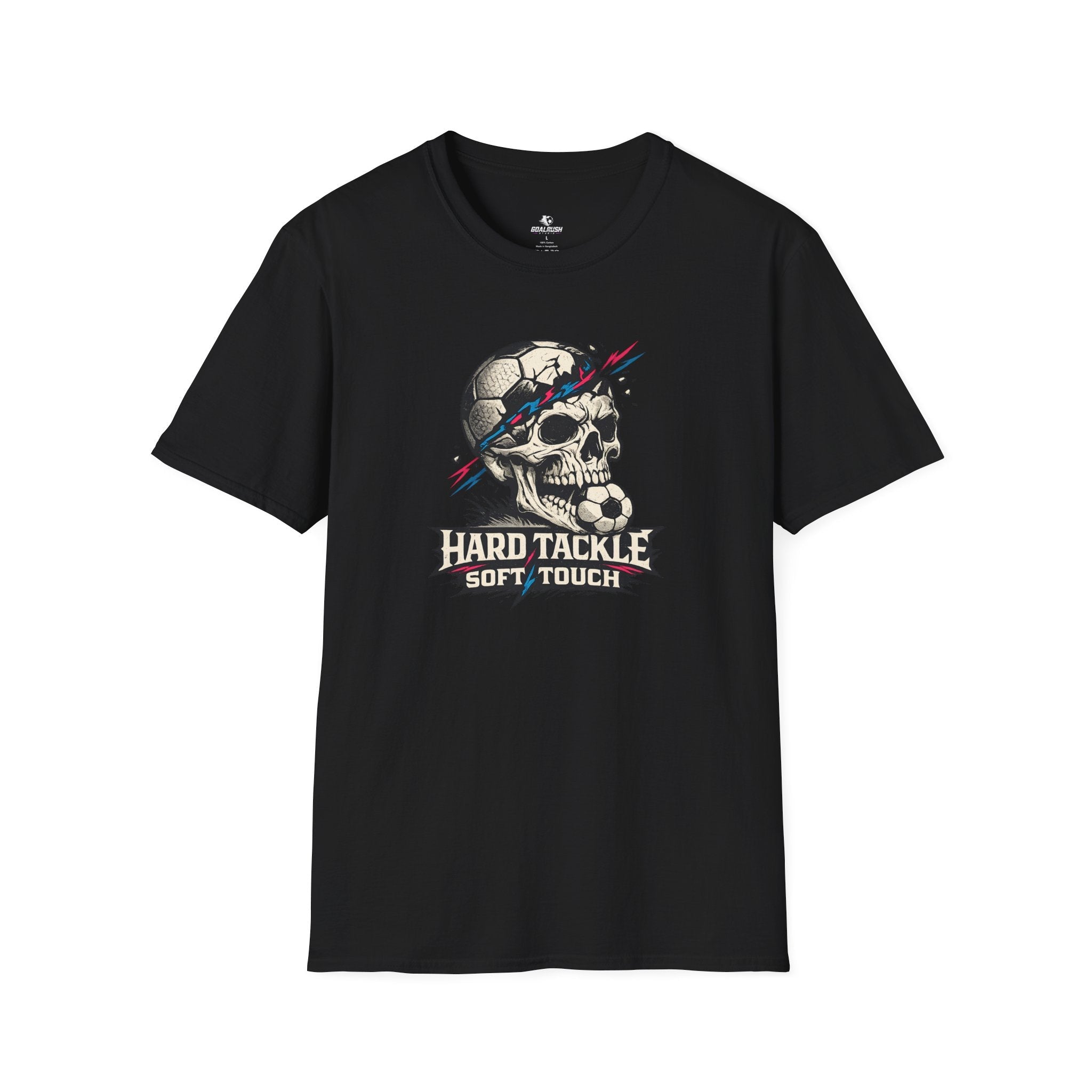 Skull Soccer T-Shirt "Hard Tackle, Soft Touch" - soccer fan t-shirt | GoalRush Studio
